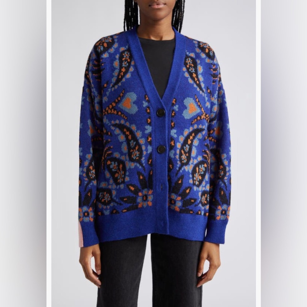 FARM Rio Blue Floral Paisley Button Cardigan with Orange Accents